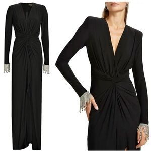 Zuhair Murad Jersey Twist Long Sleeve Embellished Maxi Dress in Black
